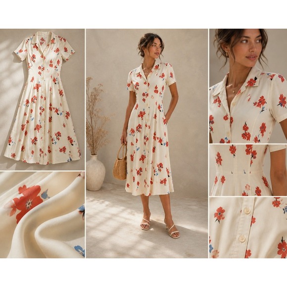 Reformation Dresses & Skirts - Reformation Sheila Floral Midi Dress 0 Ivory Red Blue Button Front Cottagecore